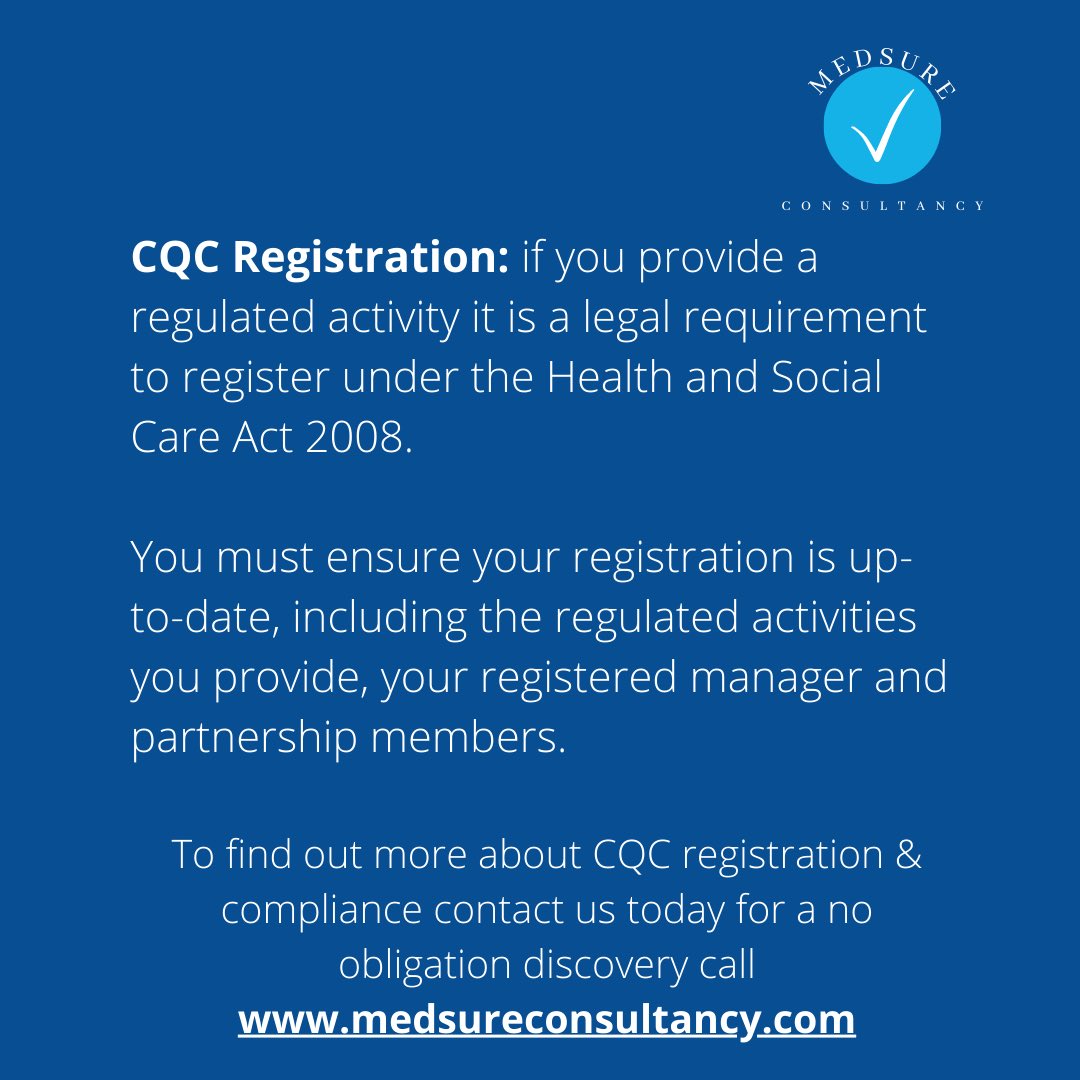 We offer expert advice and support with CQC Registration and Compliance

To find out more DM or email contact@Medsureconsultancy.com

medsureconsultancy.com

#REGULATEDACTIVITIES
#REGISTEREDMANAGER
#CQC 
#CQCINSPECTION 
#CQCREGISTRATION
#CAREQUALITYCOMMISSION