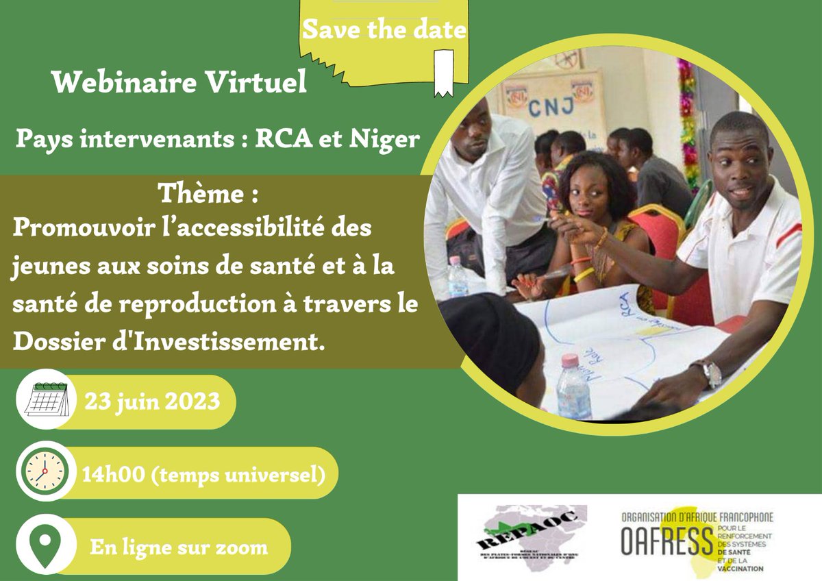 Venez discuter vendredi 23 juin 2023, 14h GMT avec les OSC #GFF; #Niger & #RCA des différentes stratégies & initiatives mises en place pour aider à promouvoir l'accessibilité des jeunes aux soins de santé et à la santé de reproduction. ID de réunion : 815 7198 0581 ; Code: 217354
