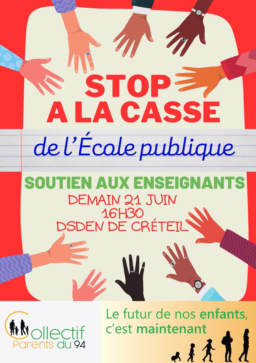 Parents94's tweet photo. Soyons nombreux à soutenir les enseignants et l’école publique demain à 16h30 devant la DSDEN @AcCreteil avec casseroles et instruments de musique 🎶 
#dufricpourlecolepublique
#nonalacassedelecolepublique
#coeursbrises
@MORUZZIG @FBascoul @ElsaMaudet @AureliaBlanc @PommiersElea https://t.co/tGyAjttRvH