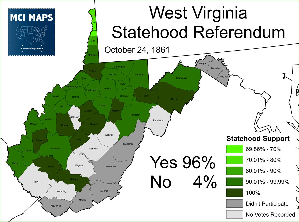 Today, 160 years ago. The state of West Virginia was born. Originally part of Virginia, during the Civil War, the people in the Western portion of the then-state borders opted to secede and form their own state as the 35th state.

#TodayInHistory