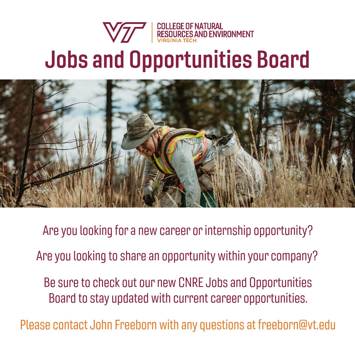 vt_cnre's tweet photo. Be sure to check out our new CNRE Jobs and Opportunities Board! Questions? Contact John Freeborn - freeborn@vt.edu
https://t.co/mjJoI0eLDR https://t.co/lRwFXfWy6X