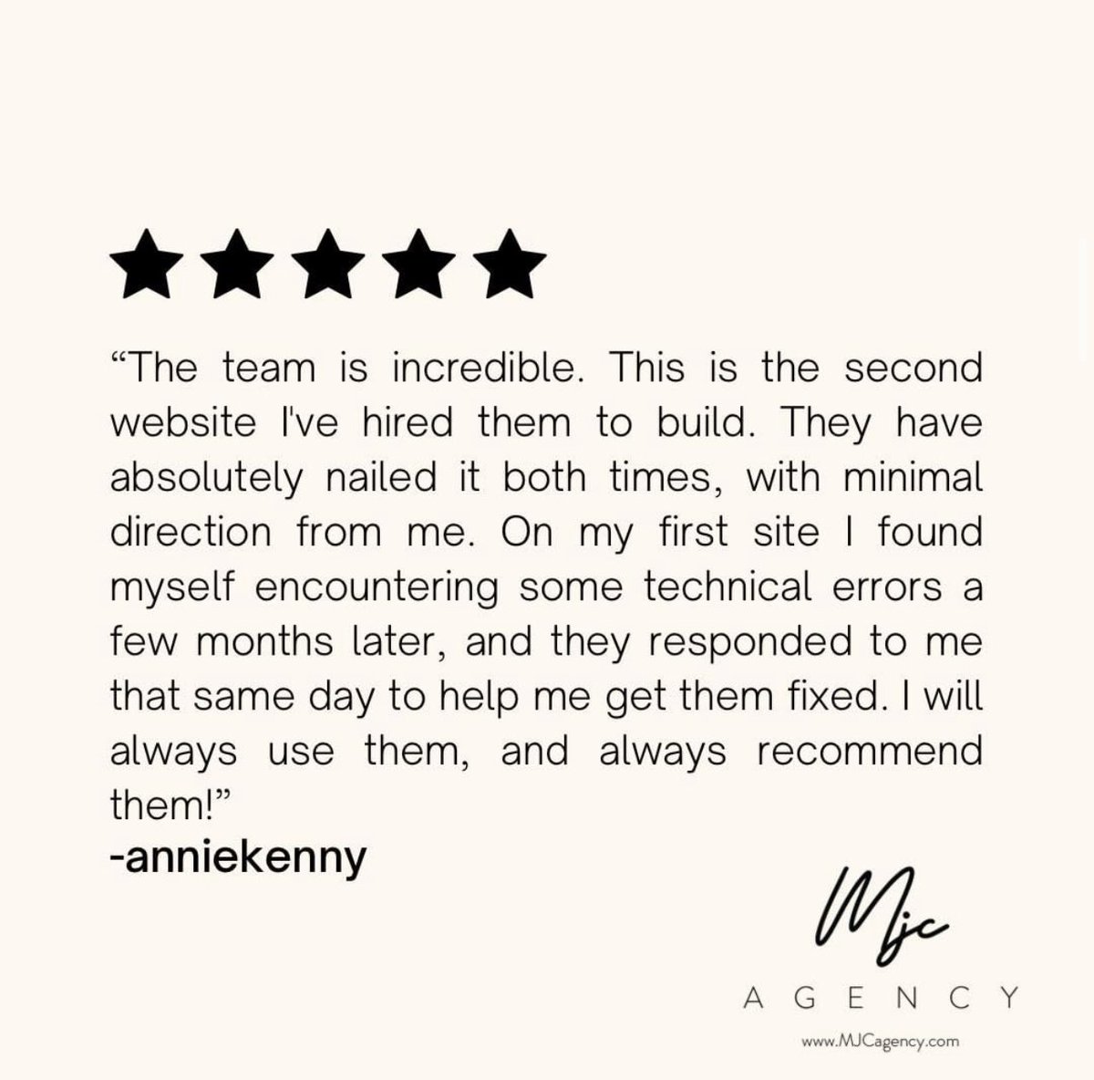 👩‍💼Thank you so much for your review. We value all of our clients and want to make sure every single one is completely satisfied! Contact us today for your website design needs!👩‍💼
.
.
.
 #mjcagency #mjcagencyteam #clientreview #happyclient #designteam #wixdesign #wixwebsite #web