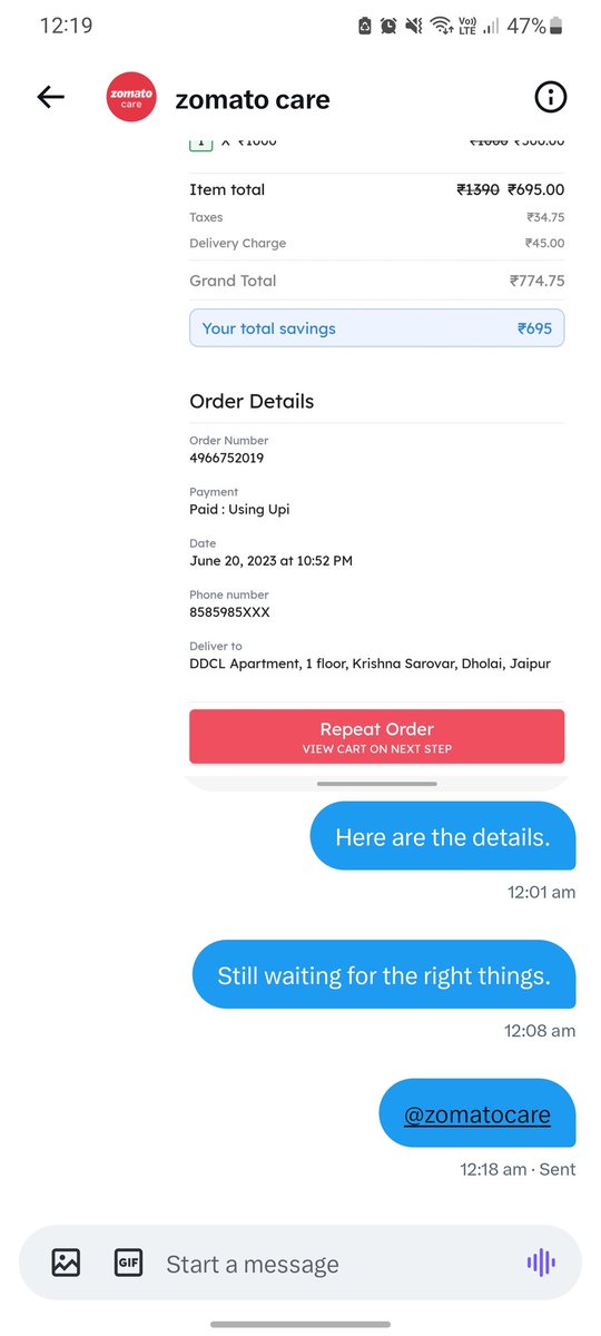 ankursh2312's tweet photo. No response on personal DM as well.
@zomatocare https://t.co/rw1oZEgXk4