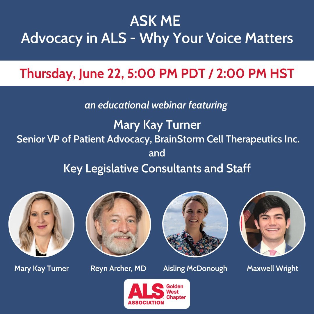 Ask Congressional ALS heroes about #advocacy tips

🔹Aisling - @RepAnnaEshoo (CA-16) who led E&C Health hearing & votes  
🔹@DoctorReyn - drafted #ActforALS
🔹@KenCalvert (CA-41) - founding member of #ALS Caucus

⬇️Register:
bit.ly/2023-06-AskMe

Thx @alsagoldenwest
#EndALS