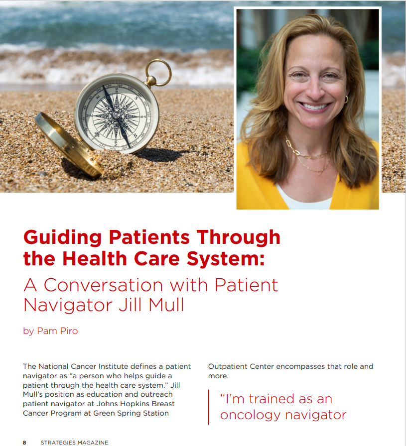 A wonderful interview with Jill Mull  - bitly.ws/J5CE  <a href="/hopkinskimmel/">Johns Hopkins Kimmel Cancer Center</a> breast navigator @clntnpt <a href="/VeredStearns/">Vered Stearns</a> <a href="/awolff/">Antonio Wolff, MD (#HealthPolicyIsEconomicPolicy)</a> <a href="/HopkinsMedNews/">Hopkins Med News</a>