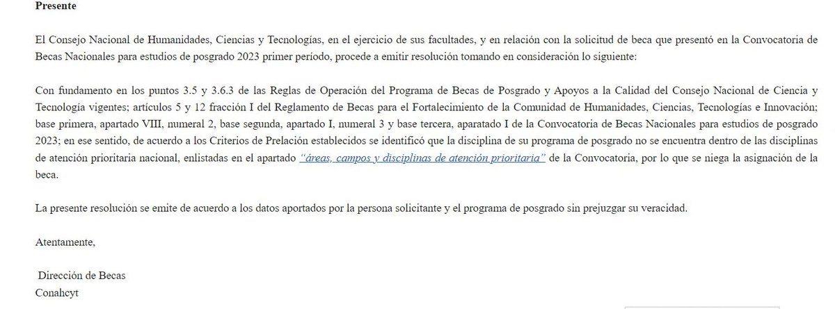 Hoy nos llega este correo por parte de @Conahcyt_Mex negando el apoyo a TODO el posgrado de FCA de @UNAM_MX ¿Por qué no apostar y apoyar a la educación? @lopezobrador_ @lopezdoriga @DeniseMaerker @Radio_Formula #SinBecaCONAHCYT