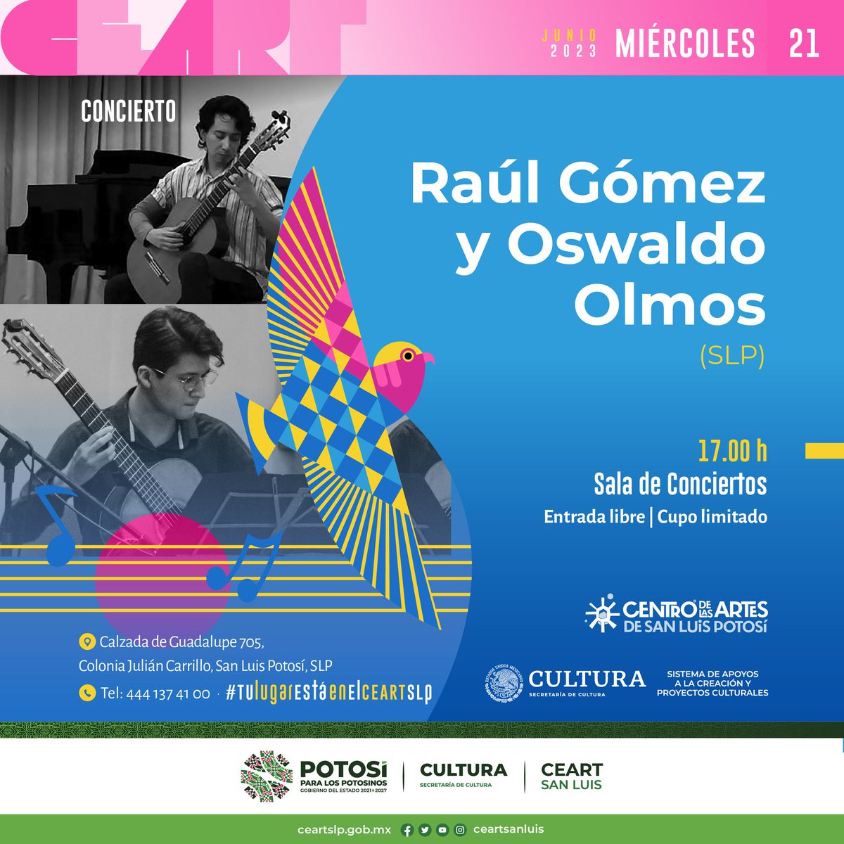 seculturaslp's tweet photo. 🎼 Hoy continúa la 4ª Semana de la Guitarra en el @CEARTSLP, como parte del 15º Festival Música Libre
Del 20 al 23 de junio
Te presentamos las actividades para este miércoles.
🤩 ¡Por allá te vemos!
.
#NosVemosEnElCeart #CEART2023 #CulturaSLP 😊 #SanLuisPotosí https://t.co/wHm5dmm148