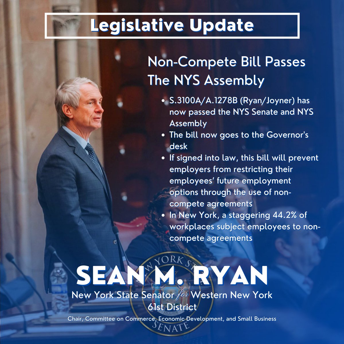 MayorSeanRyan's tweet image. Great news - the NYS Assembly has passed the bill to ban non-compete agreements! Now it's on to the Governor's desk.

Proud to sponsor this bill in the Senate. Thanks to Assemblymember Joyner and the NYS Assembly for advancing this important piece of legislation.