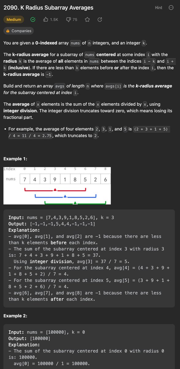 Yu08516687's tweet photo. #leetcode #LearningBySharing #100DaysOfCode
2090. K Radius Subarray Averages
Sliding window
https://t.co/sAb5en8iKU https://t.co/AEJjv4AMDm