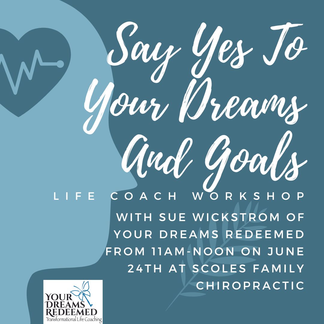 Vision to Victory–3 Keys to Personal & Professional Success!
FREE Workshop At Scoles Family Chiropractic(June 24th,11AM-Noon)With Sue Wickstrom Of Your Dreams Redeemed.
Sue–teacher,leader,speaker&Transformational Life Coach through The Brave Thinking Institute #knoxville #865life