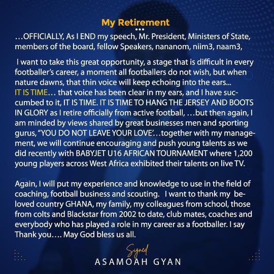 Just In❗️: Ghana Black Stars’ Former Captain, Asamoah Gyan has officially retired from active football.

Akrobeto | Nana Aba | Anas | Sarkodie | Asamoah Gyan