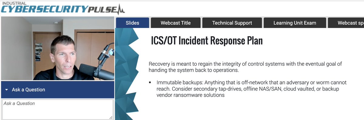🎥 <a href="/ICS_Pulse/">Industrial Cybersecurity Pulse</a> Webcast: Defending Against Ransomware on OT Systems &amp; Critical Infra

"Anything that is off-network an adversary or worm cannot
reach. Consider tap-drives, offline NAS/SAN, cloud vaulted, or backup vendor ransomware." @icssecuritygeek, <a href="/SANSICS/">SANS ICS</a> Inst. of #ICS612