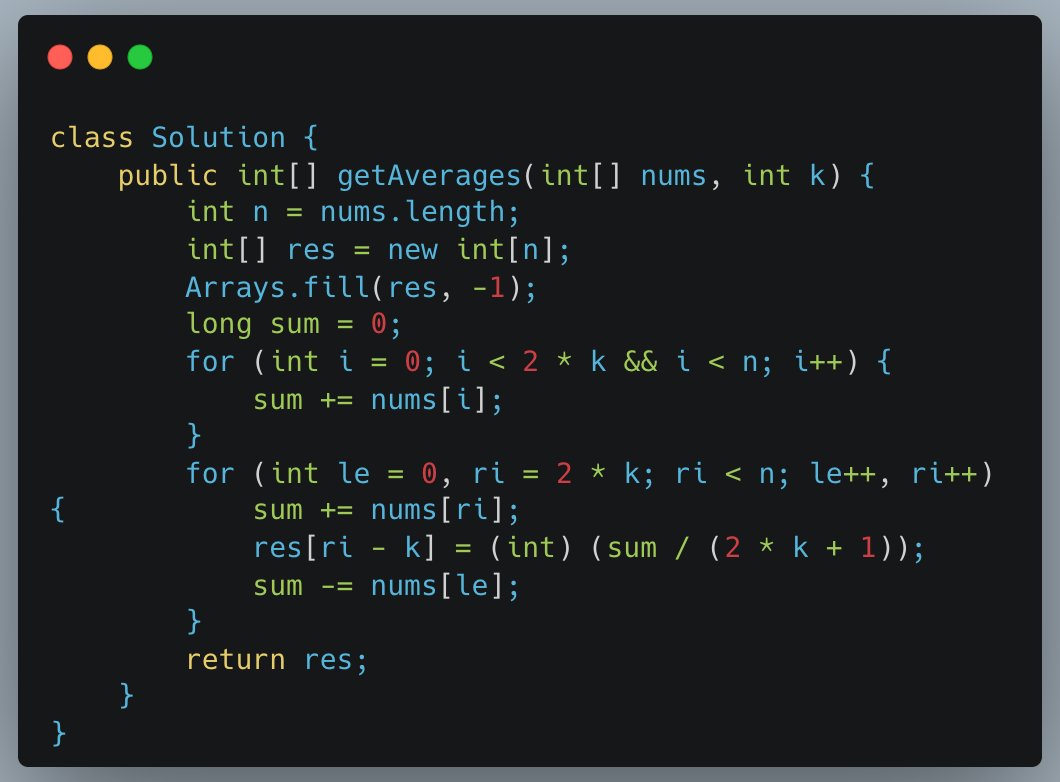 Yu08516687's tweet photo. #leetcode #LearningBySharing #100DaysOfCode
2090. K Radius Subarray Averages
Sliding window
https://t.co/sAb5en8iKU https://t.co/AEJjv4AMDm