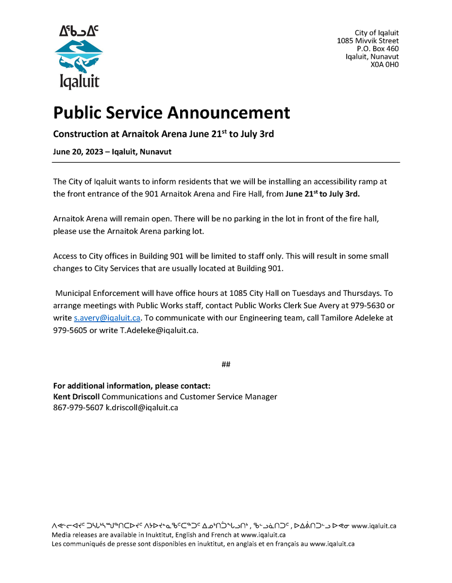 Public Service Announcement Construction at Arnaitok Arena June 21st to July 3rd June 20, 2023 – Iqaluit, Nunavut