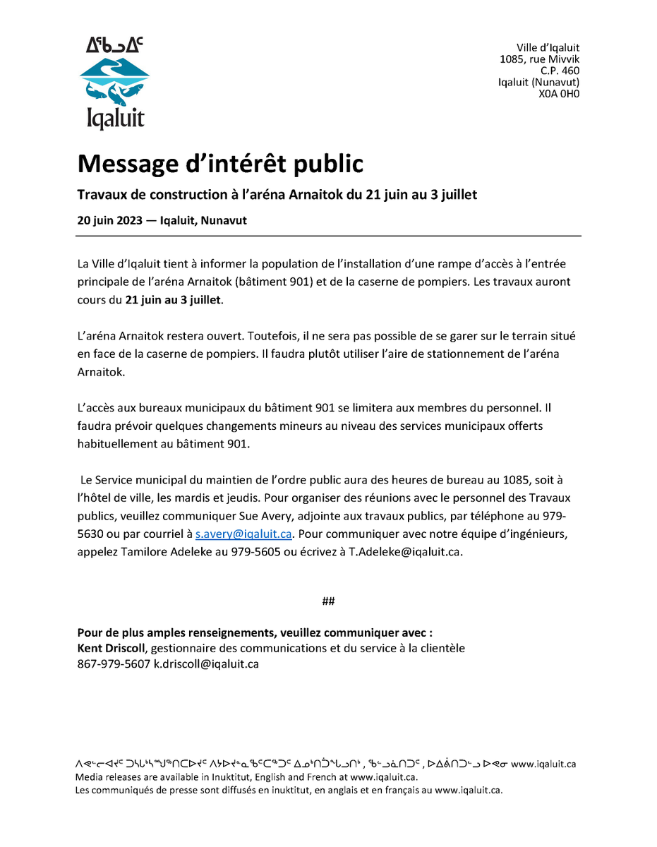 Message d’intérêt public Travaux de construction à l’aréna Arnaitok du 21 juin au 3 juillet 20 juin 2023 — Iqaluit, Nunavut