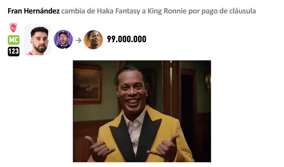 📣 Concurso CLAUSULAZO + GIF #KingsLeague 👑

🎁 Sorteo: 2 packs de 250 Créditos 💰

📌 Requisitos:
1️⃣ Síguenos 💛
2️⃣ Like + RT ⚽
3️⃣ Comparte pantallazo de un fichaje por pago de cláusula en tu liga junto con el GIF 🎉
4️⃣ Pon el hashtag #KingsLeagueFantasyMARCA
⏰ Límite: 26/06