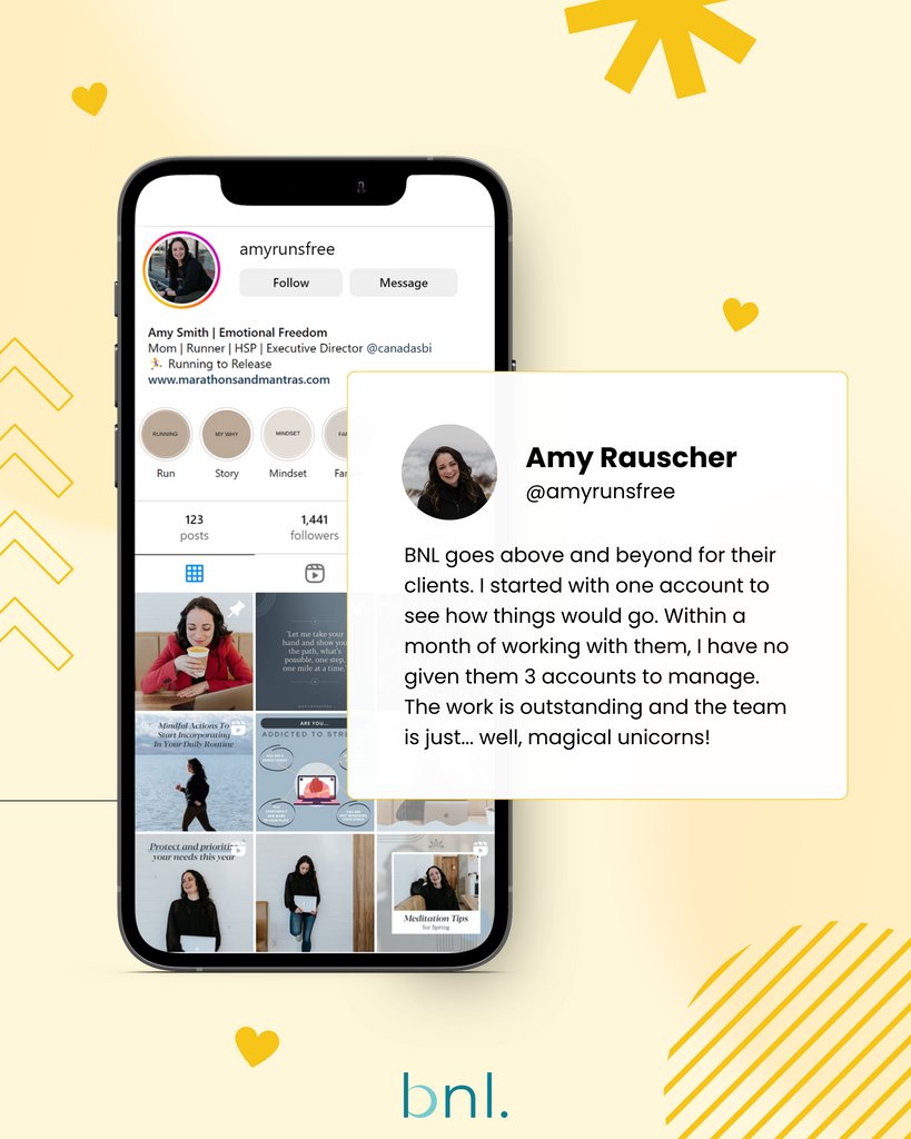 Experiencing the magic of BNL! 🦄 ✨ ⁠
⁠
Check out this client testimonial from @amyrunsfree⁠. ⁠
⁠
At BNL, we firmly believe that putting our clients first is the key to success. 💞⁠
⁠
#BNLsocial #socialmediaagency #socialmediamanager #clienttestimonial