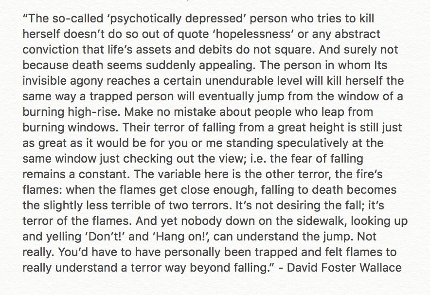 'When the flames get close enough, falling to death becomes less terrible of two terrors...You'd have to have personally been trapped and felt the flames to really understand a terror beyond falling' - David Foster Wallace #MentalHealthAwarenessWeek