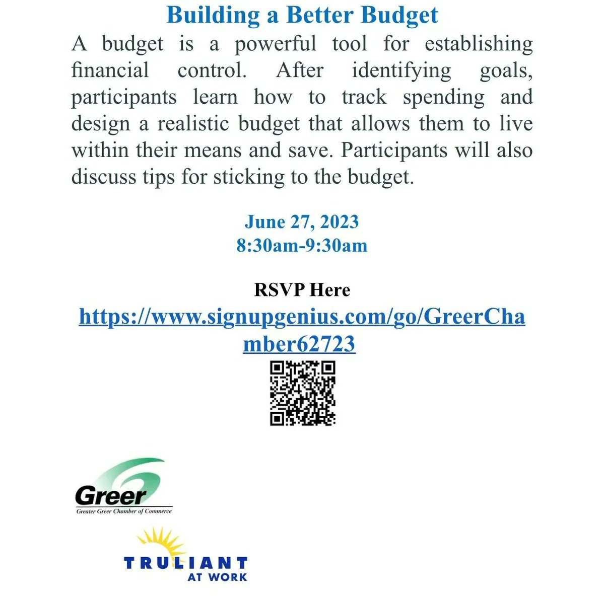 Truliant is having a workshop to help you build a better budget! Visit the link for more information! 

buff.ly/3PkW25g 

#truliant #workshop #budget #greer #greersc #greerchamber #chamber #commerce #chamberofcommerce #credit #economics #economic #greenvillesc