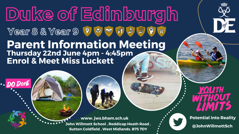 Parents of Year 8 and Year 9.
Duke of Edinburgh Information Evening - Thursday 22nd June, 4pm
#dukeofedinburgh #year8 #year9 #DofE #100brilliantdays @the_atlp
