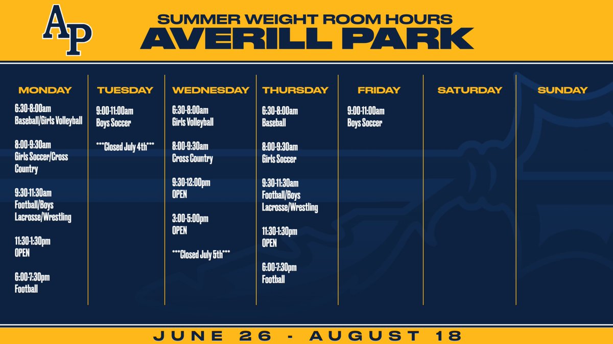 Summer Weight Room Hours
#WinnersInThe3Cs
#AP_EveryStudentEveryDay