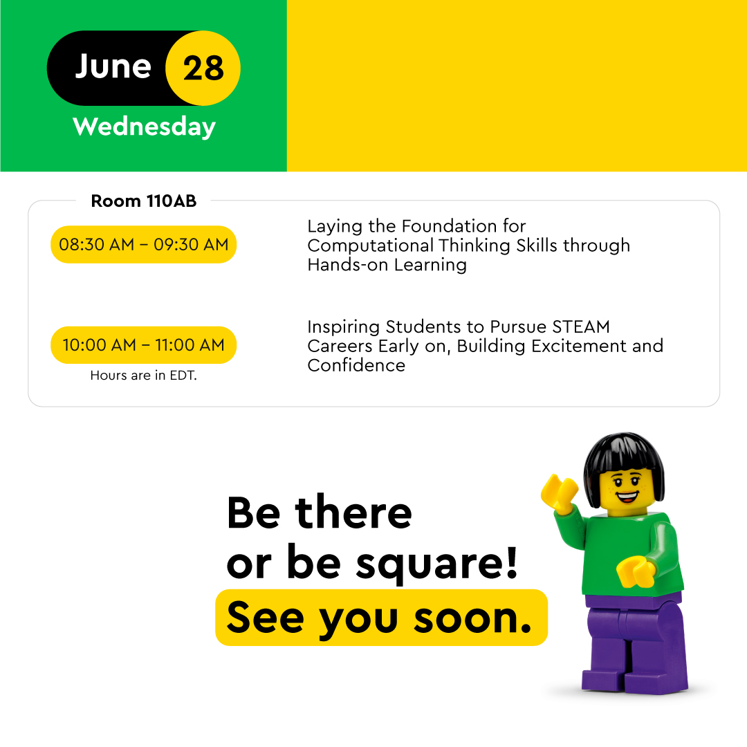 Add LEGO® Education events to your #ISTELive 23 itinerary! Enjoy hands-on lesson plans at our demo stations, attend sessions to learn how to help empower students, and discover how we make “Adventures in Learning” fun.

Retweet with the event you’re the most excited about!