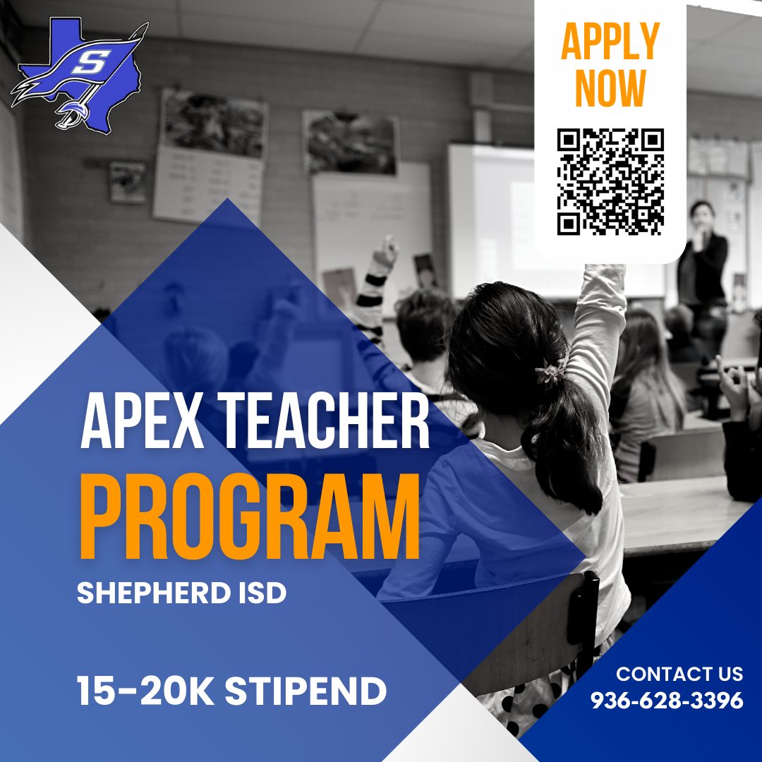 At Shepherd ISD, we believe our students deserve the very BEST! This is why we are implementing an Apex Teaching Program. 15-20K stipend

✅3-5 years of teaching experience
✅Fully certified in the teaching field
✅Proven track record of successful student assessment data