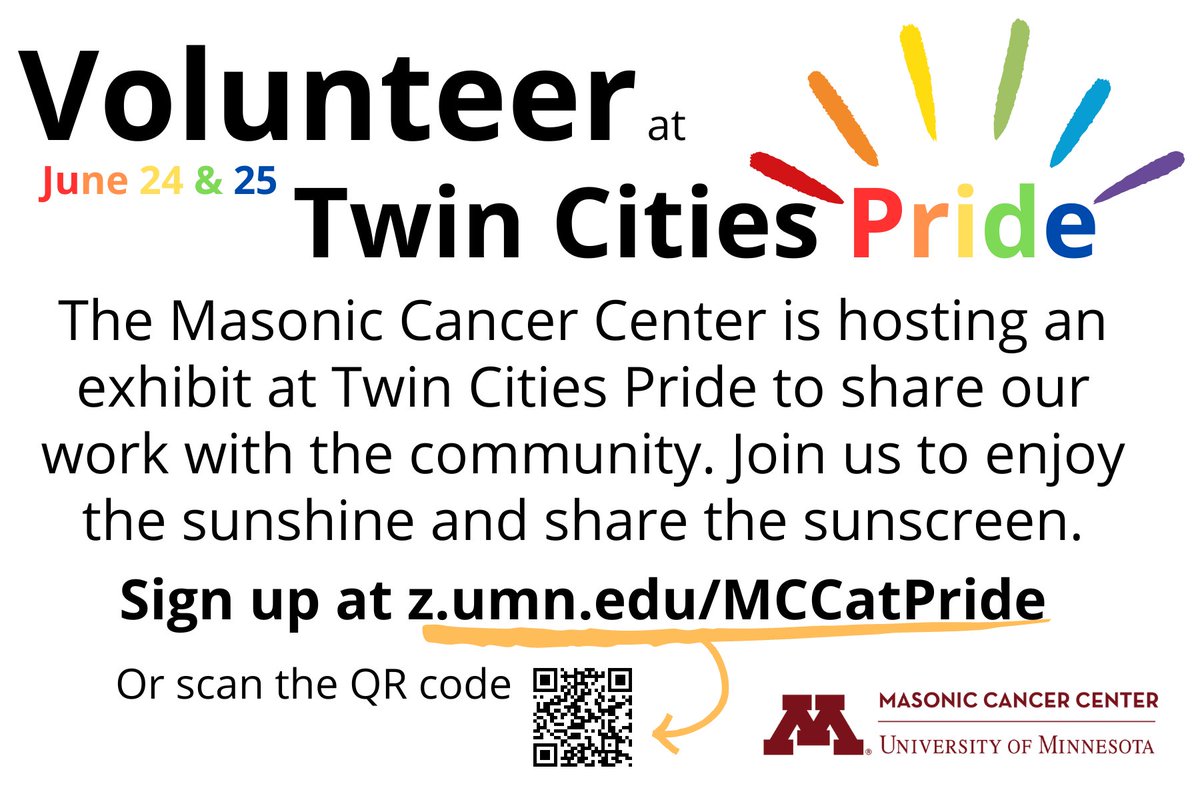 Check out #UMNCancer's exhibit at Twin Cities Pride on June 24-25 to learn more about our work with the community! Learn more here: cancer.umn.edu/events/masonic… If you're interested in volunteering, sign up here: z.umn.edu/MCCatPride