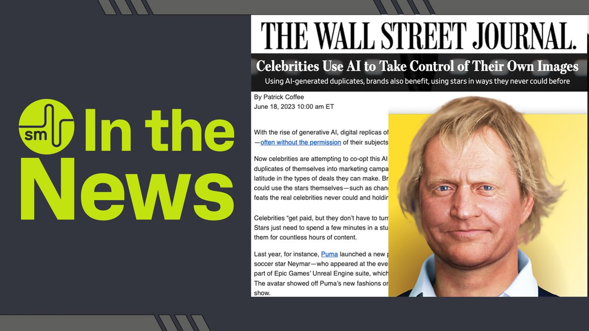 “This is the future of marketing” our CEO, @thegregcross, states in a recent article by @WSJ examining how using AI to create celebrity doubles will completely change the marketing landscape. on.wsj.com/3qLanOa #AI #Innovation #DigitalCelebrities #SoulMachines #ChatGPT