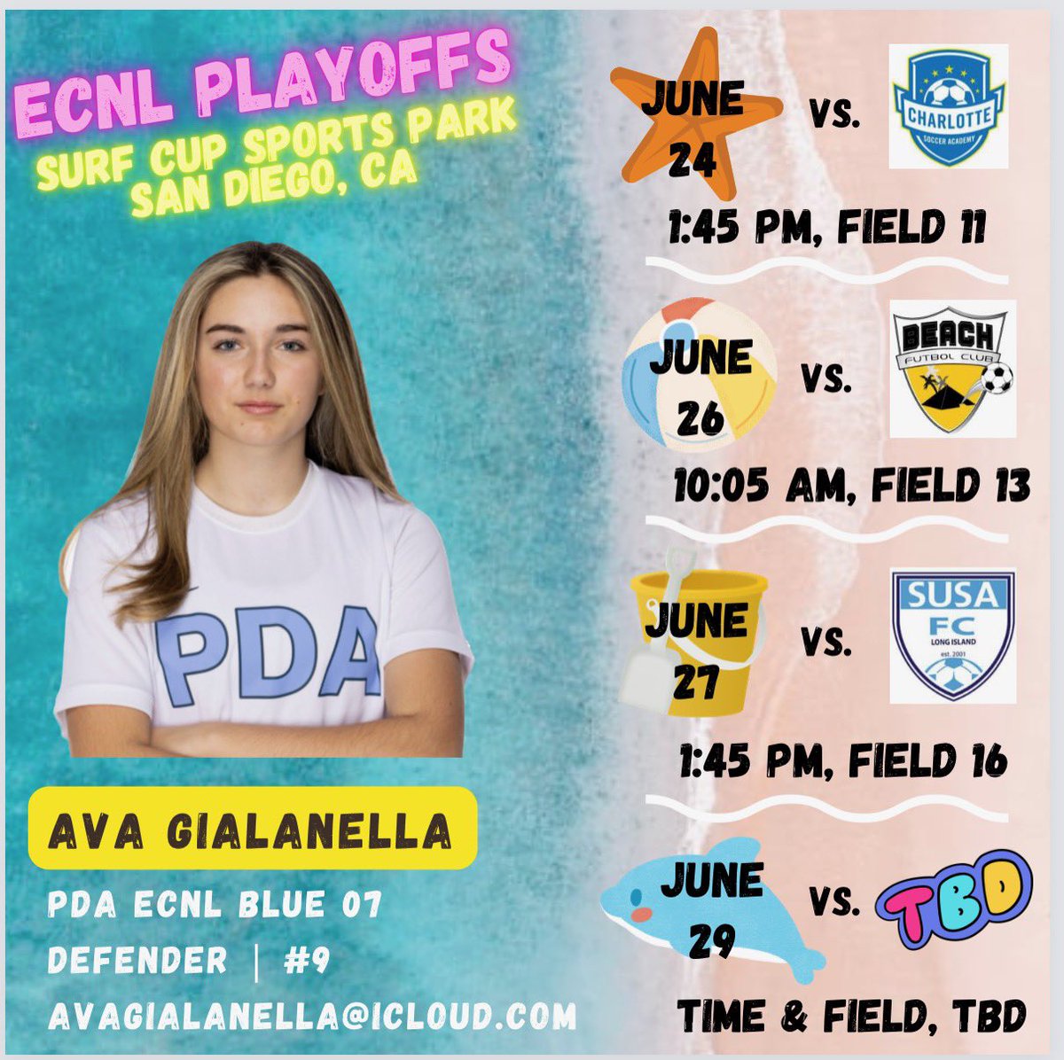 it’s that time again! Below is my schedule for ECNL National Playoffs in San Diego 💪🏻
Can’t wait to play against the best of the best out on the west coast !
#pdagirlssoccer #soccer #nationals