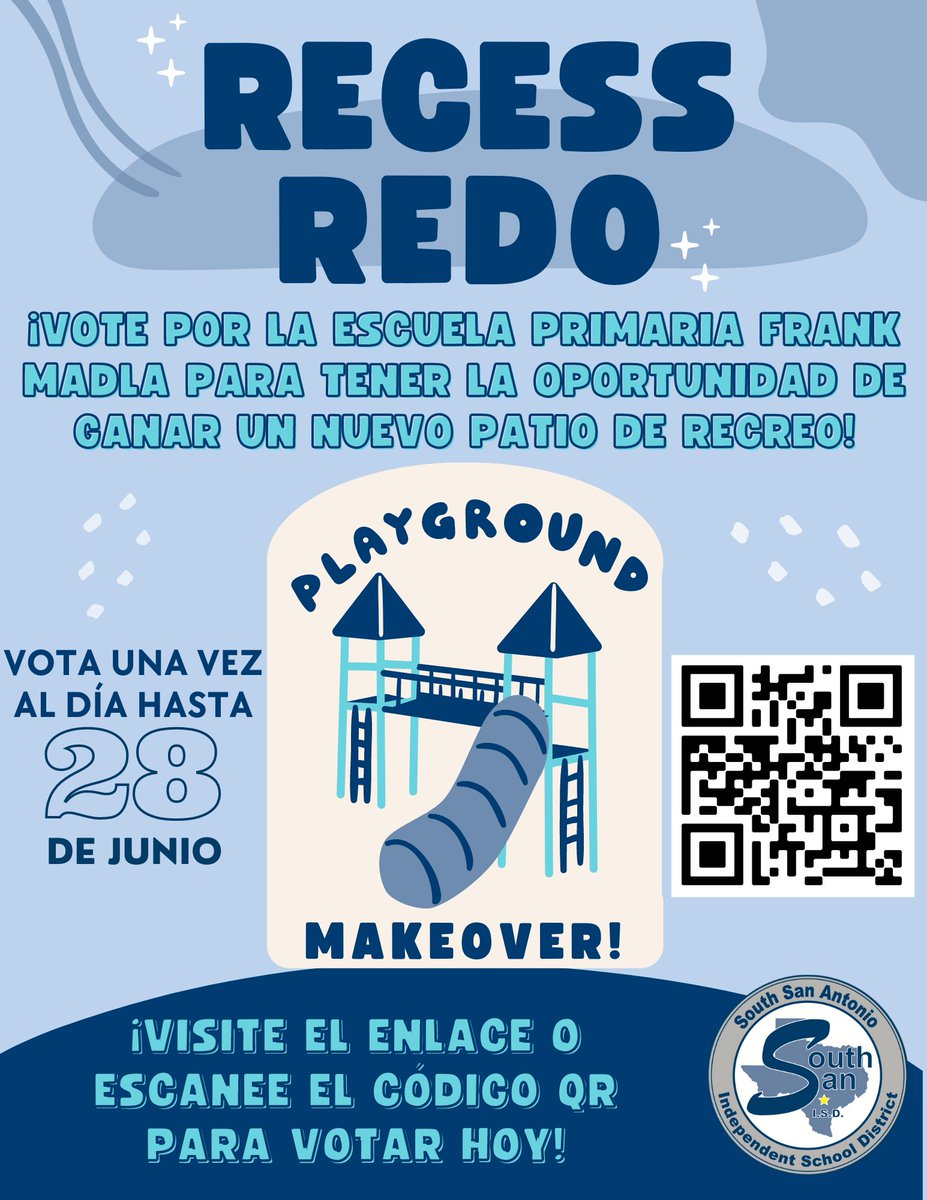 ssaisd's tweet photo. We need your help SSAISD Family! Our very own @SSAISDMadla is in the running to win a $100,000 playground structure!

Visit the link/scan the QR code to vote today! Vote once a day between now and 6/28 and the winner will be announced live on air 6/29.

https://t.co/GpXIEerxum https://t.co/HN0dKRiYrI