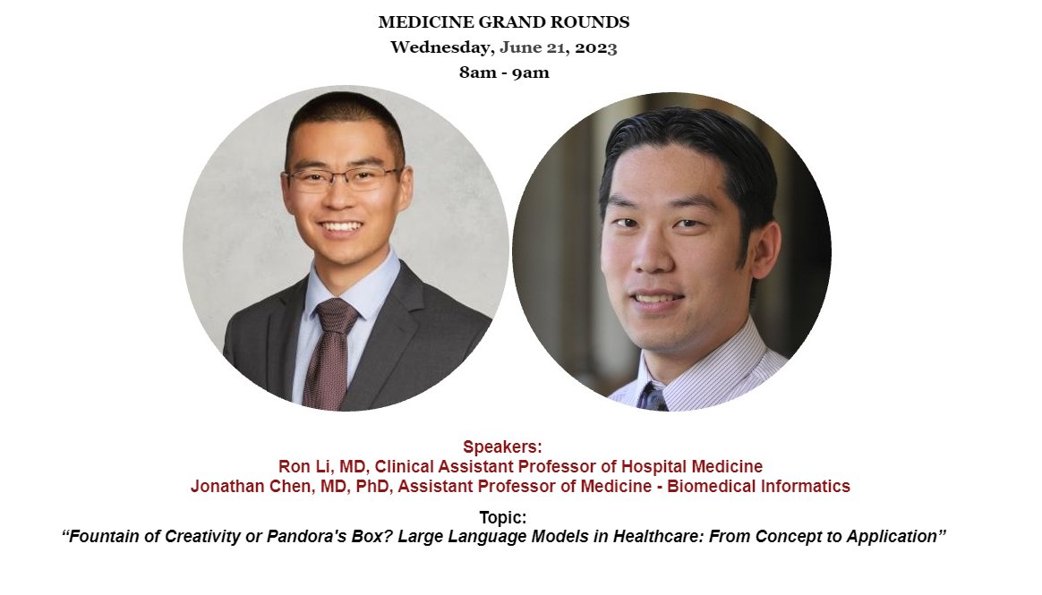 Looking forward to a great discussion with @jonc101x tomorrow at @StanfordDeptMed Grand Rounds on #LLMs and how to bring them from concept to application in healthcare. It's an exciting time for clinicians to build and test these technologies to help our patients!