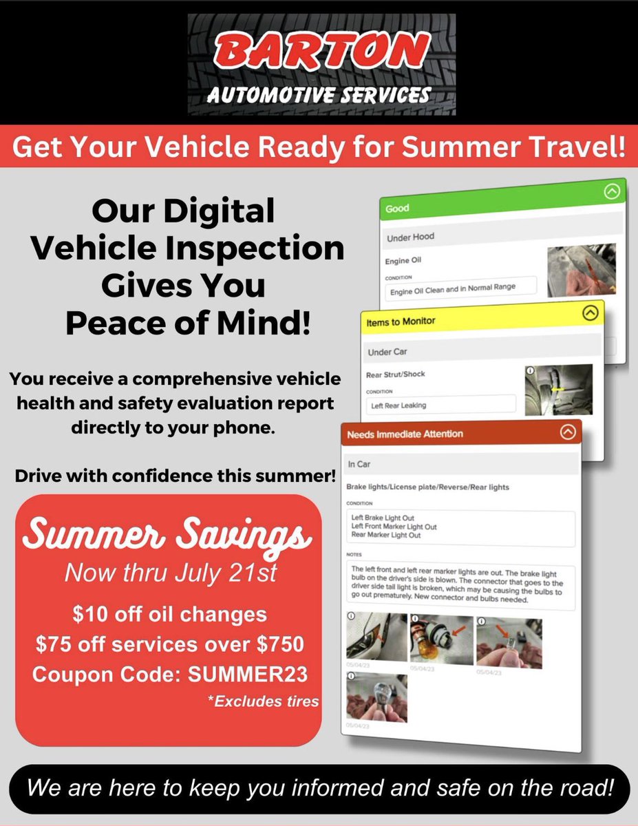 Contact us for summer savings!☀️ It’s time to take care of repairs that got away from you because of busy summer fun.⛱️$75 off services over $750 or $10 off oil changes thru July 21! (812)985-3000 or online bartonautomotive.com/index.php/sche…
Excludes tires &amp; may not be combined w/otheroffer