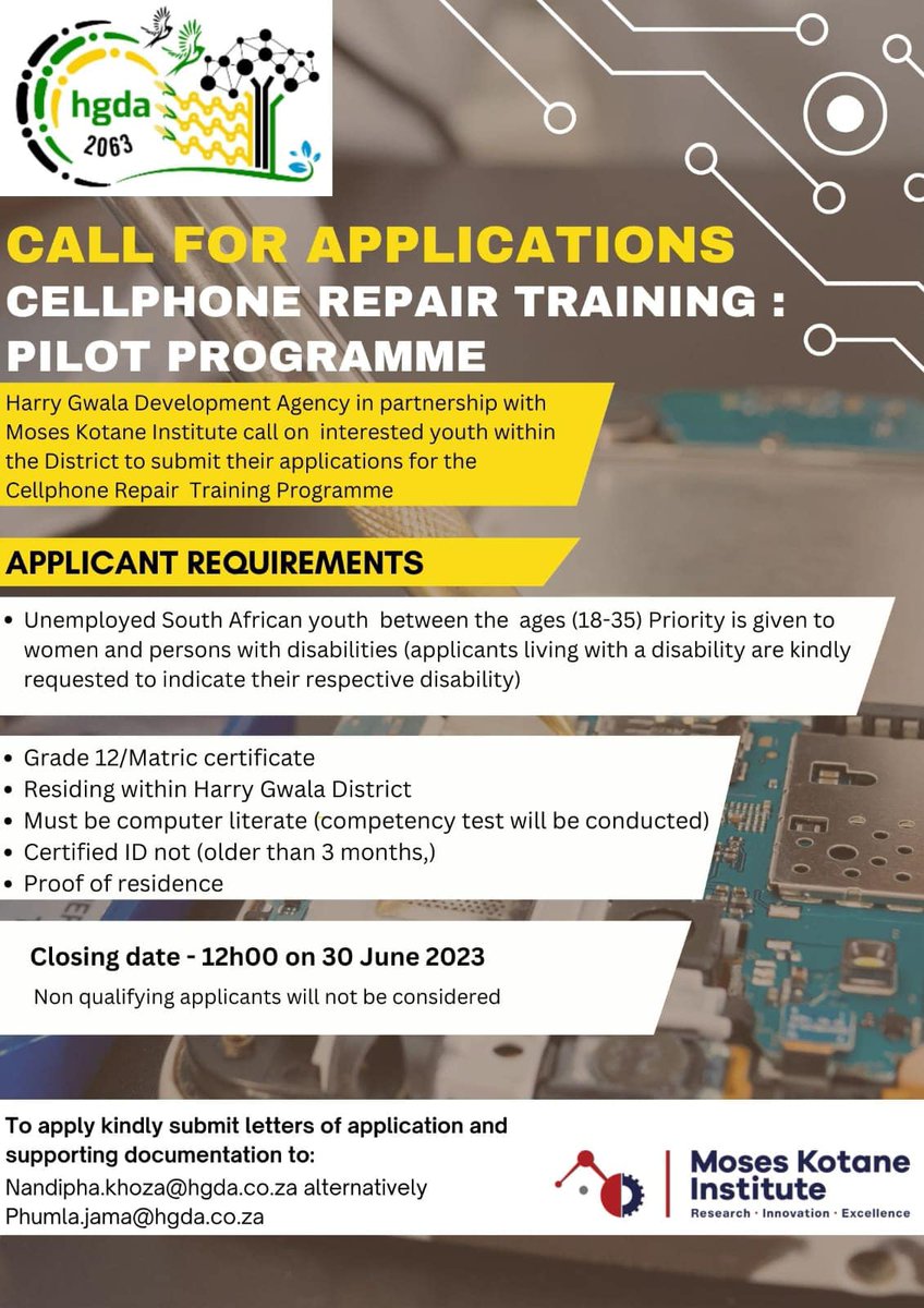 moseskotaneinst's tweet photo. CALL FOR APPLICATIONS!!!
Harry Gwala Development Agency in partnership with the Moses Kotane Institute calls on interested youth within Harry Gwala District to submit their applications for Cellphone Repair Training Programme.
#MKI
#hgda
#harrygwaladistrict
#CellphoneRepair https://t.co/jUWQesVK7j