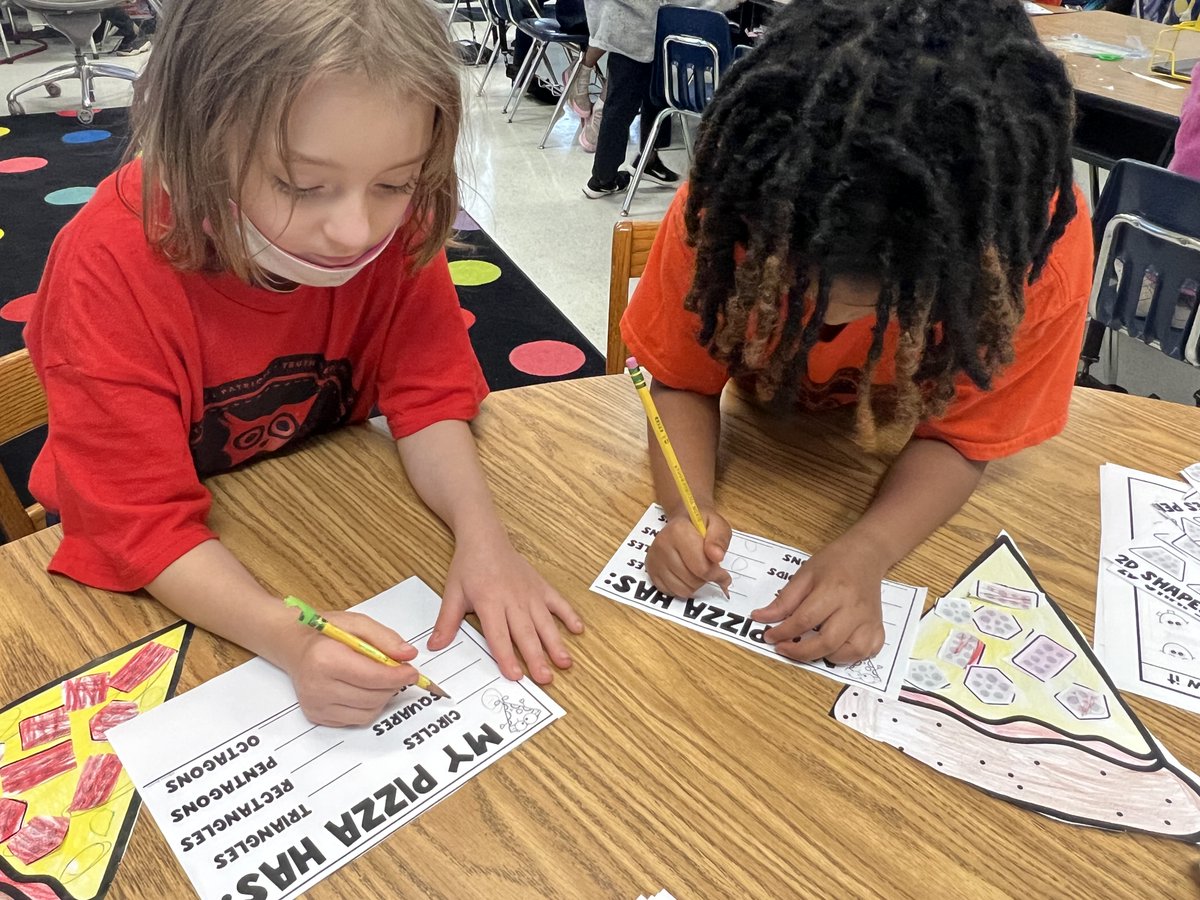 Mrs. Strachan's 1st graders learned about shapes. They created a pizza using shapes as their pepperonis. Once the pizzas were made, students filled in a data sheet.  At the end they compared them by asking who had the most, least, or the same # of shapes. #CelebrateFonde