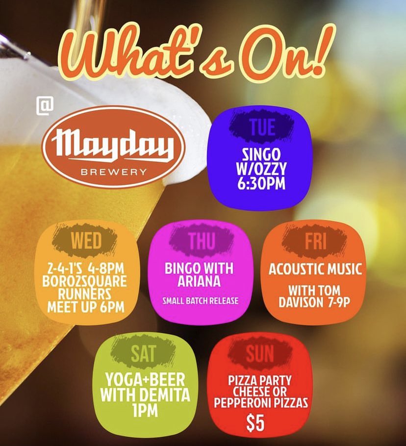 This week at Mayday Brewery! #weekahead #comejoinus #mayday #lovethepeople #lovethebeer #beerhugsandrockandroll #murfreesborotn #pizzaandbeer #middletn #theboro #drinklocal #craftbeer 🍕🍺