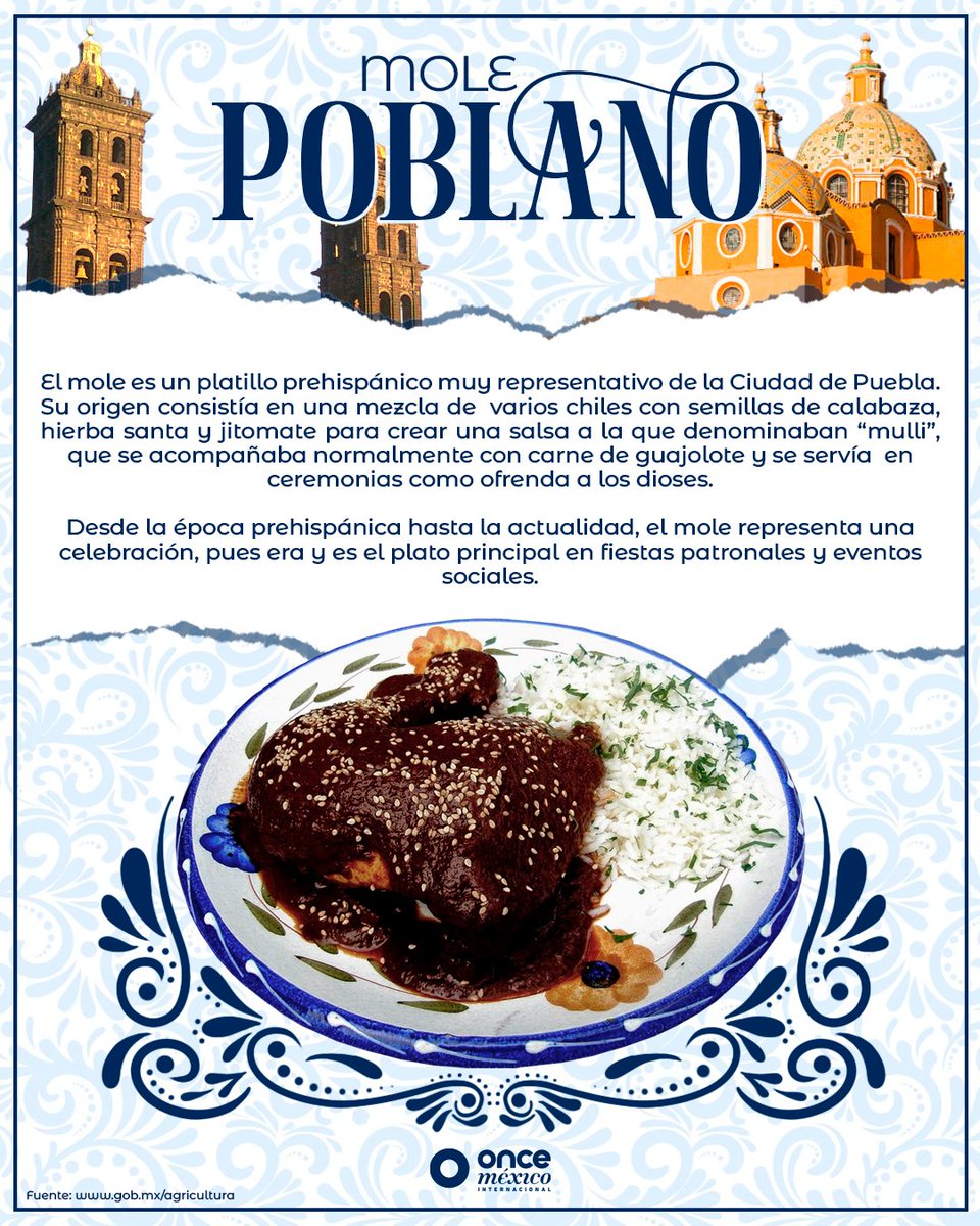 ElOnceMexico's tweet photo. ¿Quién se puede resistir a un deliciosos #molepoblano 🤔? Este increíble platillo no puede faltar en la mesa de lxs mexicanxs y nuestrxs paisanas y paisanos más allá de las fronteras 🤩. ¡Chequen la herencia prehispánica de este manjar de dioses 😋! #OnceMexicoContigo https://t.co/Rnm9ZYVJqE