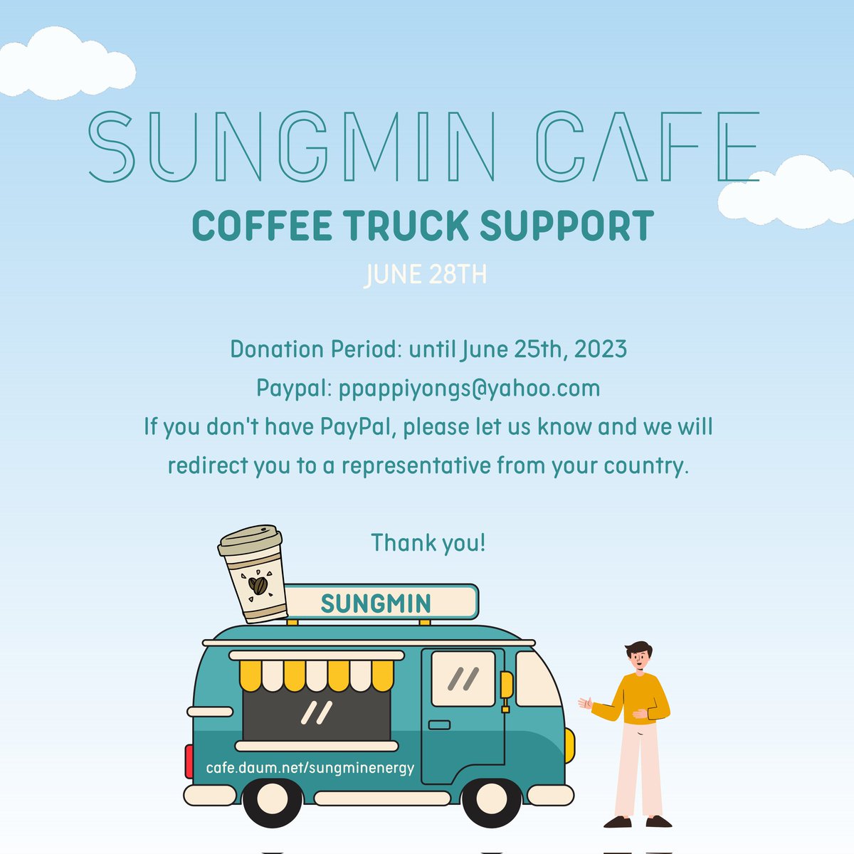We are celebrating <a href="/LIU_Sungmin/">성민 SUNGMIN</a>'s beginning as a Trot Singer and the opening of the  ⚡@sungminenergy⚡ fancafe!

The remaining funds from the comeback project will be used (in addition to) for a ☕ COFFEE TRUCK for the recording on June 28th.

Thank you to everyone who donated