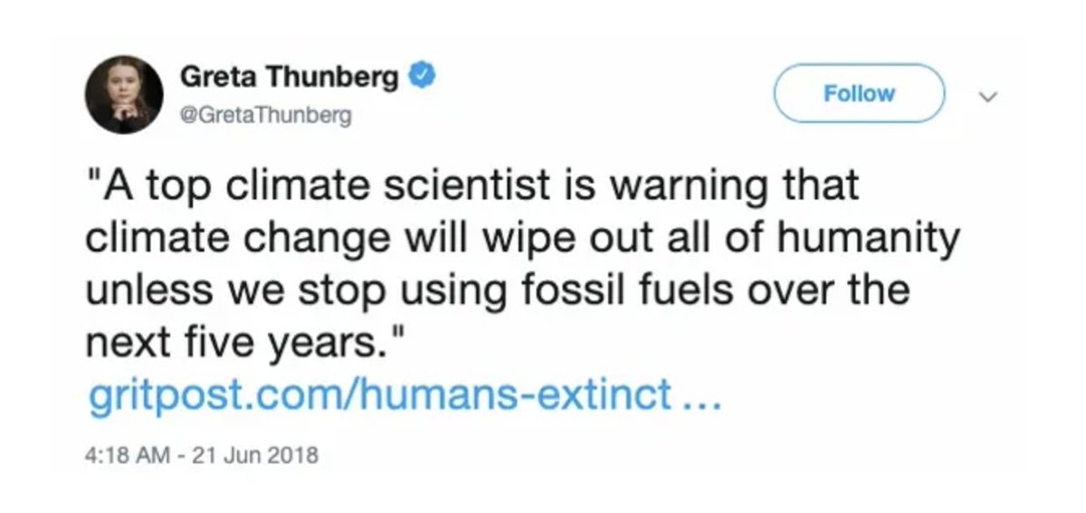 Five years ago today, left-wing climate activist Greta Thunberg tweeted, 'A top climate scientist is warning that climate change will wipe out all of humanity unless we stop using fossil fuels over the next five years.'

She deleted the tweet. How are you marking the occasion?
