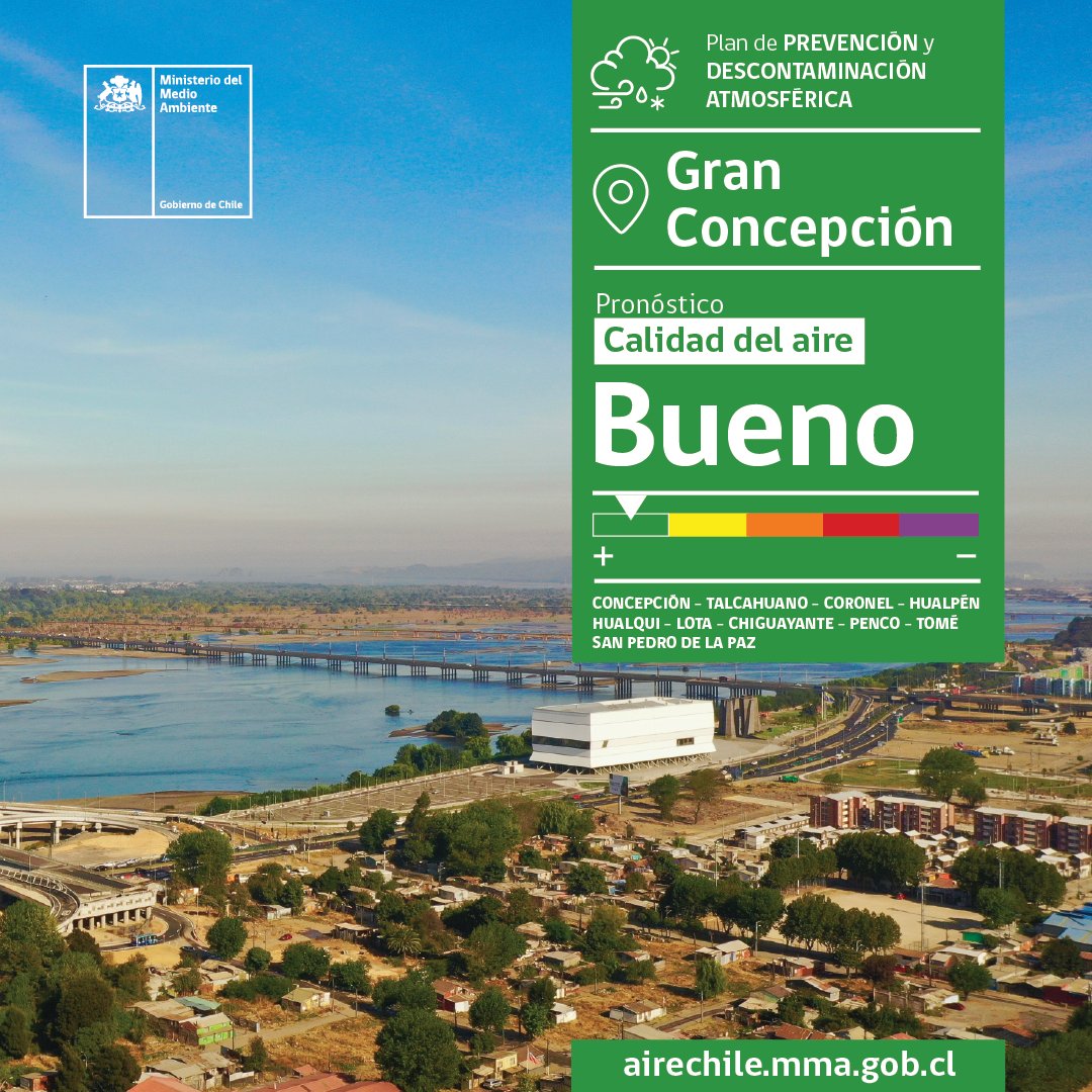 🌱<a href="/mmabiobio/">Seremi Medio Ambiente Biobío</a> informa pronóstico Calidad del Aire Plan de Descontaminación del #Concepcionmetropolitano para el miércoles 21.06.23 es BUENO <a href="/o_reicher/">Óscar Reicher</a> <a href="/DPRBiobio/">Delegación Presidencial Regional del Biobío</a> <a href="/munitome/">Municipalidad Tomé </a>
<a href="/MuniChiguayante/">Municipalidad de Chiguayante</a> <a href="/munitalcahuano/">MuniTalcahuano</a> <a href="/munipenco/">Municipalidad Penco</a>
<a href="/muni_hualqui/">Municipalidad de Hualqui</a> <a href="/CoronelMuni/">Muni Coronel</a> <a href="/Muni_Concepcion/">Municipalidad de Concepción</a>