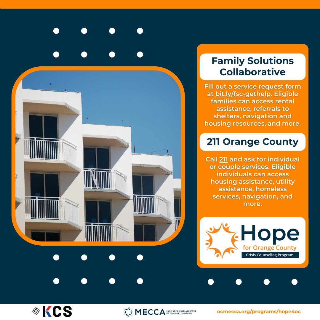 Looking for housing resources? Our crisis counselors can help connect you with resources like @211OrangeCounty  and Family Solutions Collaborative. 

#ocmecca #hopefororangecounty #crisiscounseling