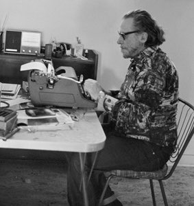 “I write right off the typer. I call it my ‘machinegun.’ I hit it hard, usually late at night while drinking wine and listening to classical music on the radio and smoking mangalore ganesh beedies.”