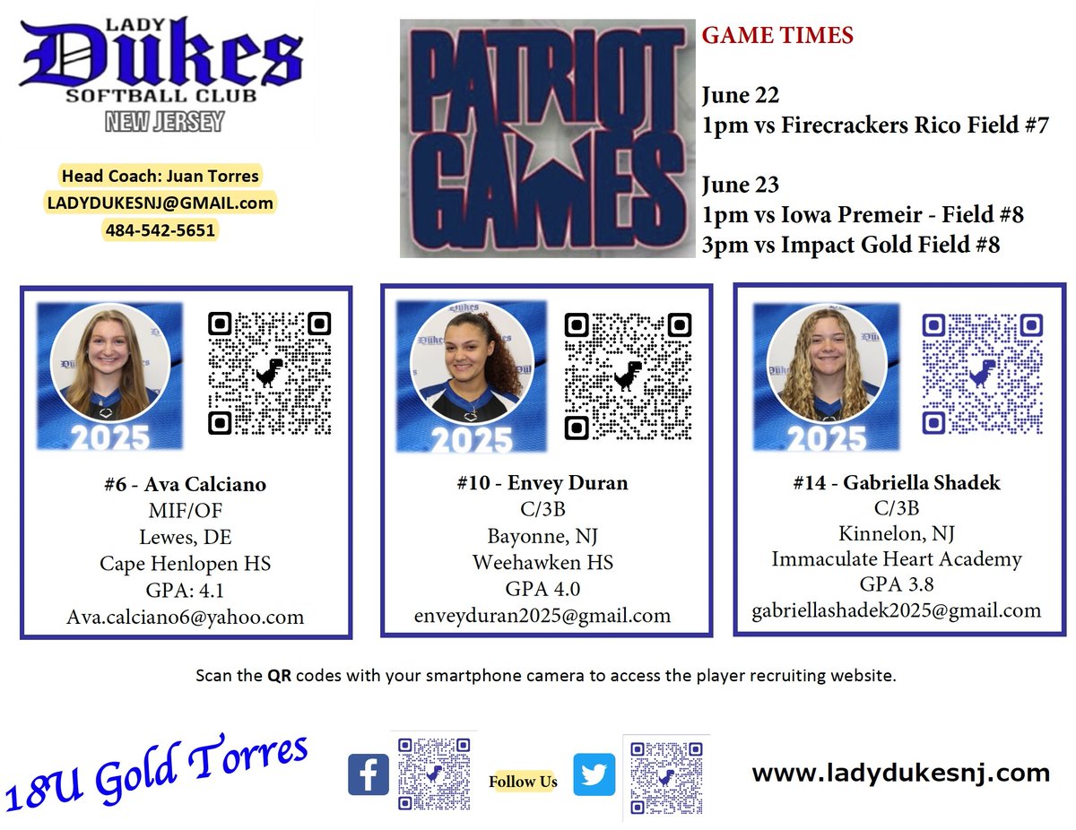 We head to Colorado for the Patriot Games and The Sparkler!   3 of our UNCOMMITTED girls will complete in the Patriot Games, and the rest to follow in Colorado!  <a href="/DuranEnvey/">Envey Duran</a> <a href="/GabbyShadek2025/">Gabriella Shadek-DUKE Commit</a>  <a href="/AvaCalciano6/">Ava Calciano 2025 SS/2B</a>  @Ladydukesnj <a href="/TopPreps/">SPORTS NEWS, VIDEOS, GRAPHICS, EXPOSURE & MORE</a>
