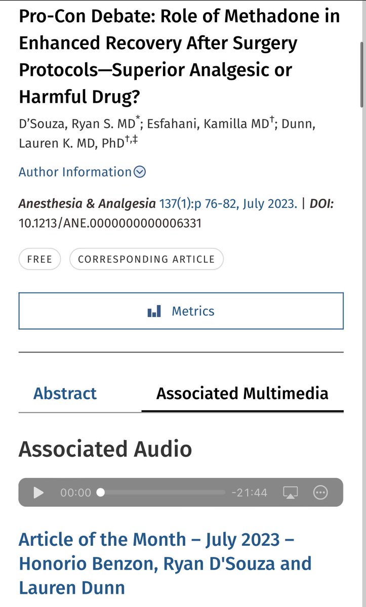 Pro-Con Debate on Perioperative #Methadone!

I chose the pro side and present my views in this Article of the Month @IARS_Journals

Free access along with link to podcast recording below: journals.lww.com/anesthesia-ana…

Fun debating with @LKDunnMD