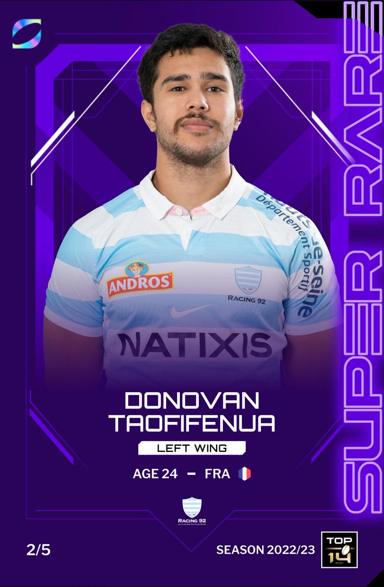 Super rare Donovan Taofifenua card has been sold for 32.58 MATIC.

Club: Racing 92
Position: Left Wing
Score: 68