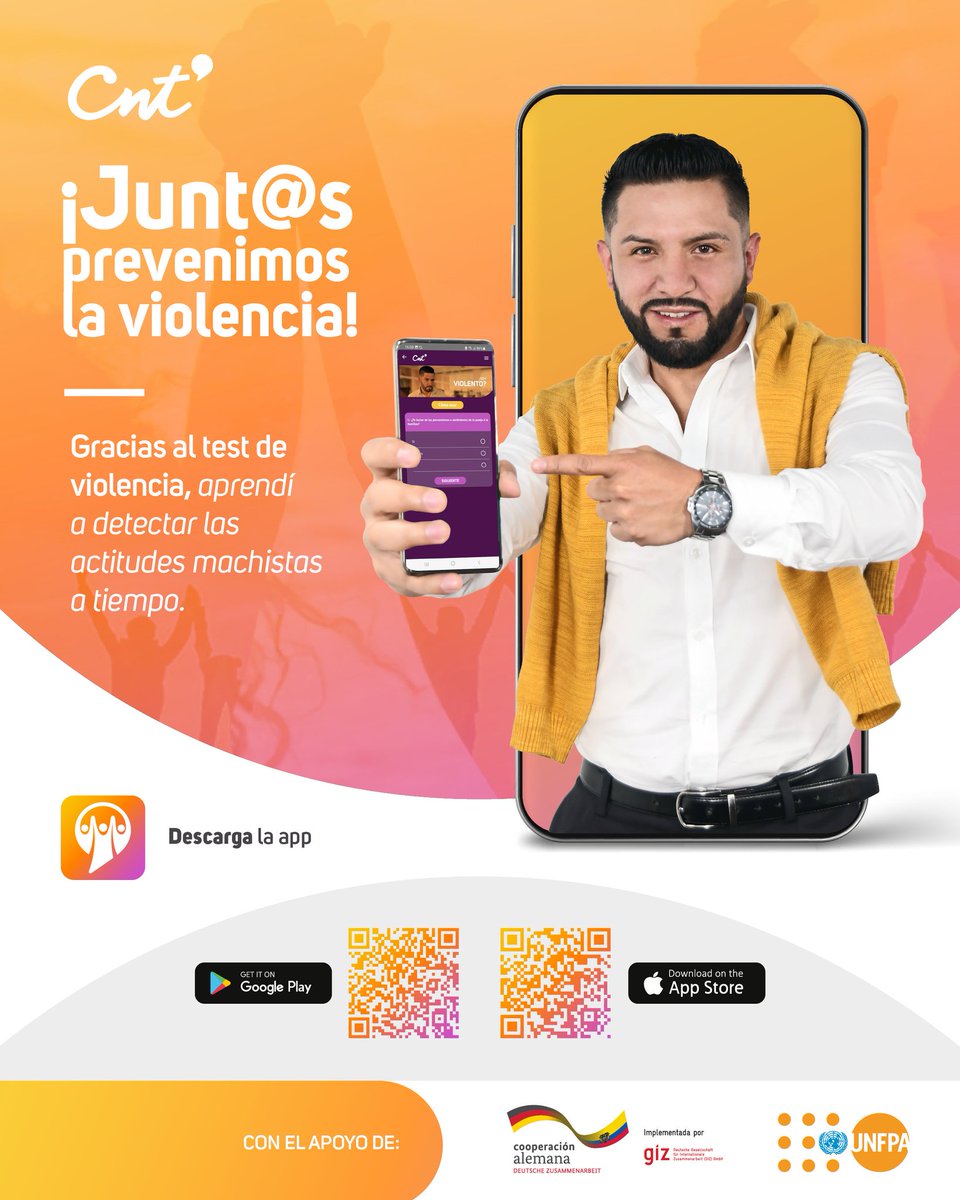 UNFPAecuador's tweet photo. 📲Súmate a una sociedad libre de violencia de género. Descarga la app Junt@s y descubre en la sección Test de violencia cómo reconocer actitudes machistas, si sufres acoso sexual en el trabajo, o si eres dependiente emocionalmente.
#PrevenirEsClave
https://t.co/uWsdosWwLB https://t.co/UIQzR7nGtw