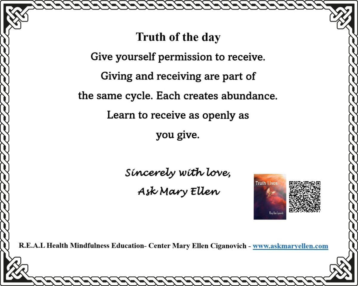 askmaryellen's tweet photo. Truth of the day: Giving and receiving create abundance. #askmaryellen #truthoftheday #ThursdaysTruth #giveyourselfpermission #learnhow conncect with REAL Health https://t.co/guZX200wD8 https://t.co/IKqbSHkNPc