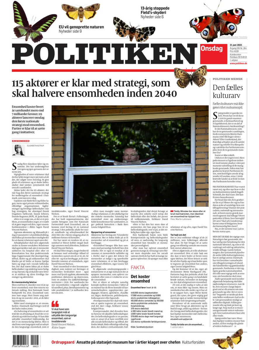 politiken's tweet photo. Ensomhed koster hvert år samfundet mere end 7 milliarder kroner. Nu lancerer en 115 aktører en strategi, der skal halvere ensomheden inden 2040. #dkmedier #tomorrowspaperstoday https://t.co/pgevrOqrqw