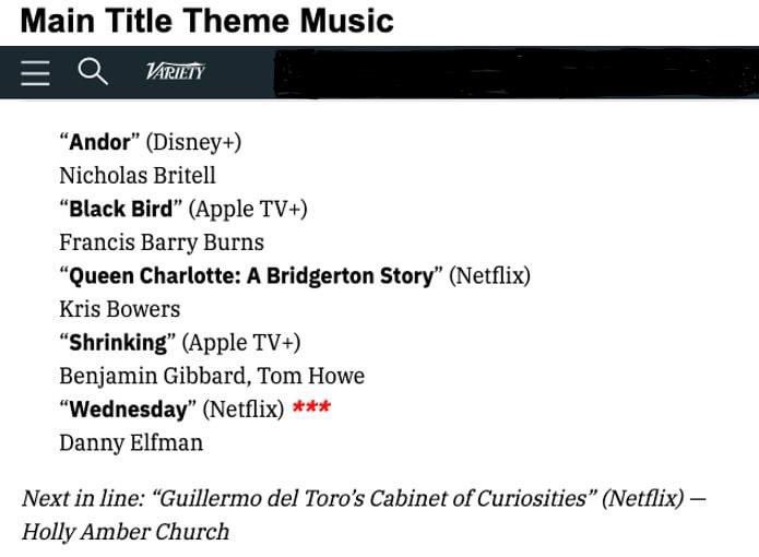 I was elated to see that in Variety's Emmy predictions is my main title music for 'Guillermo del Toro's Cabinet of Curiosities' as next in line as a possible nomination!

FYC- Outstanding Original Main Title Theme Music

#FYC #ForYourConsideration #Netflix #cabinetofcuriosities