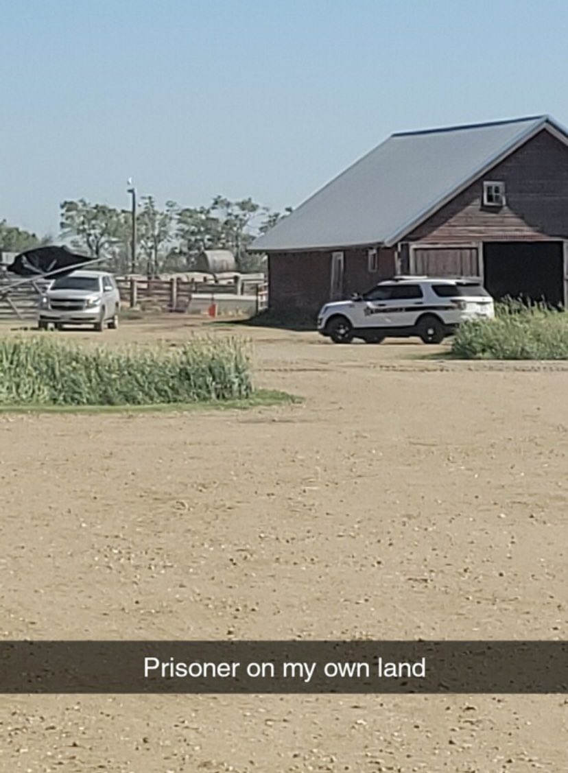 SpeakerHansen's tweet photo. Update on the carbon sequestration pipeline and the use of eminent domain by private corporations in South Dakota: These photos, taken today, show Summit Carbon Solutions, accompanied by law enforcement, “surveying” land on farm ground without the farmer’s permission (does this looks like a “survey” to you?). The landowner feels like “a prisoner on his own land.” Look at how they trample all over the the farmer’s crops with complete disregard. This is not freedom.